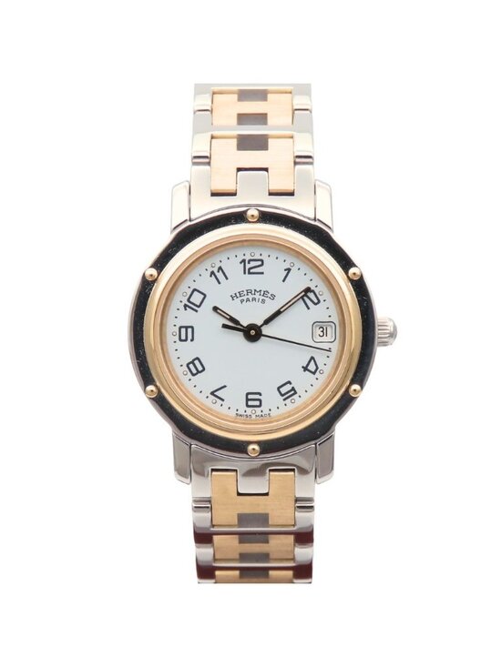 Hermes Watch Clipper Stainless Steel Silver Gold Dial White Plated SS